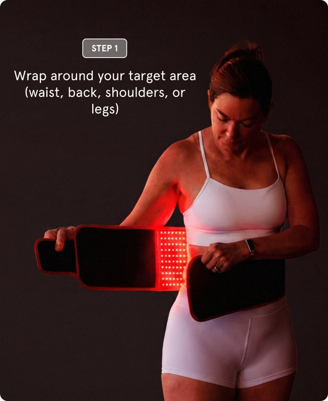 "Step 1" showing a woman wrapping a red LED therapy belt around her waist. The text overlay reads: "Wrap around your target area (waist, back, shoulders, or legs)."