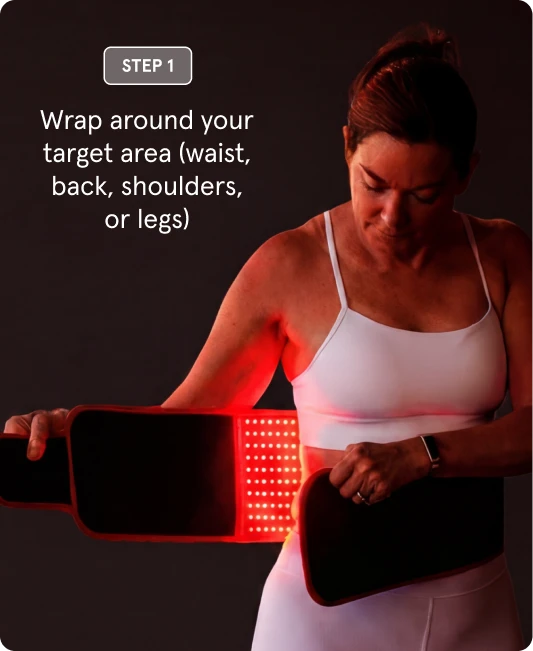 "Step 1" showing a woman wrapping a red LED therapy belt around her waist. The text overlay reads: "Wrap around your target area (waist, back, shoulders, or legs)."