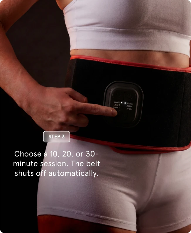 Step 3" showing a person pressing a button on the control panel of an attached sculpt belt. The text overlay reads: "Choose a 10, 20, or 30-minute session. The belt shuts off automatically."