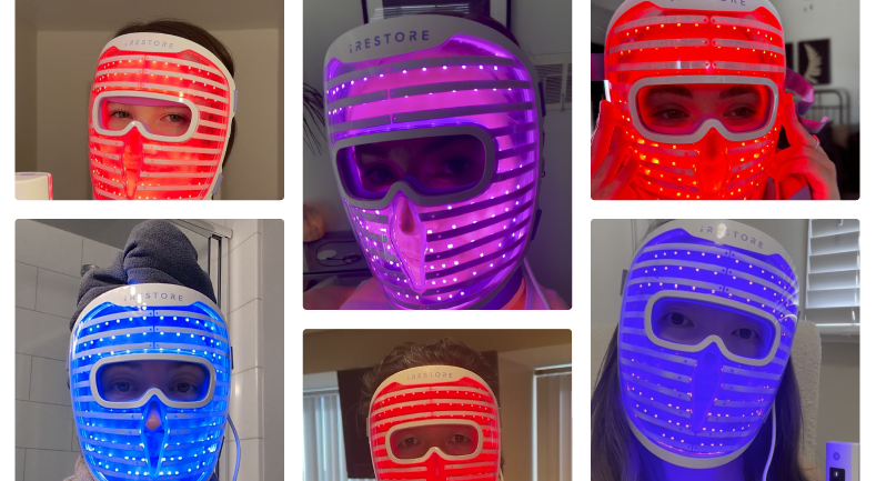 Collage banner image of different people wearing the iRESTORE LED face mask