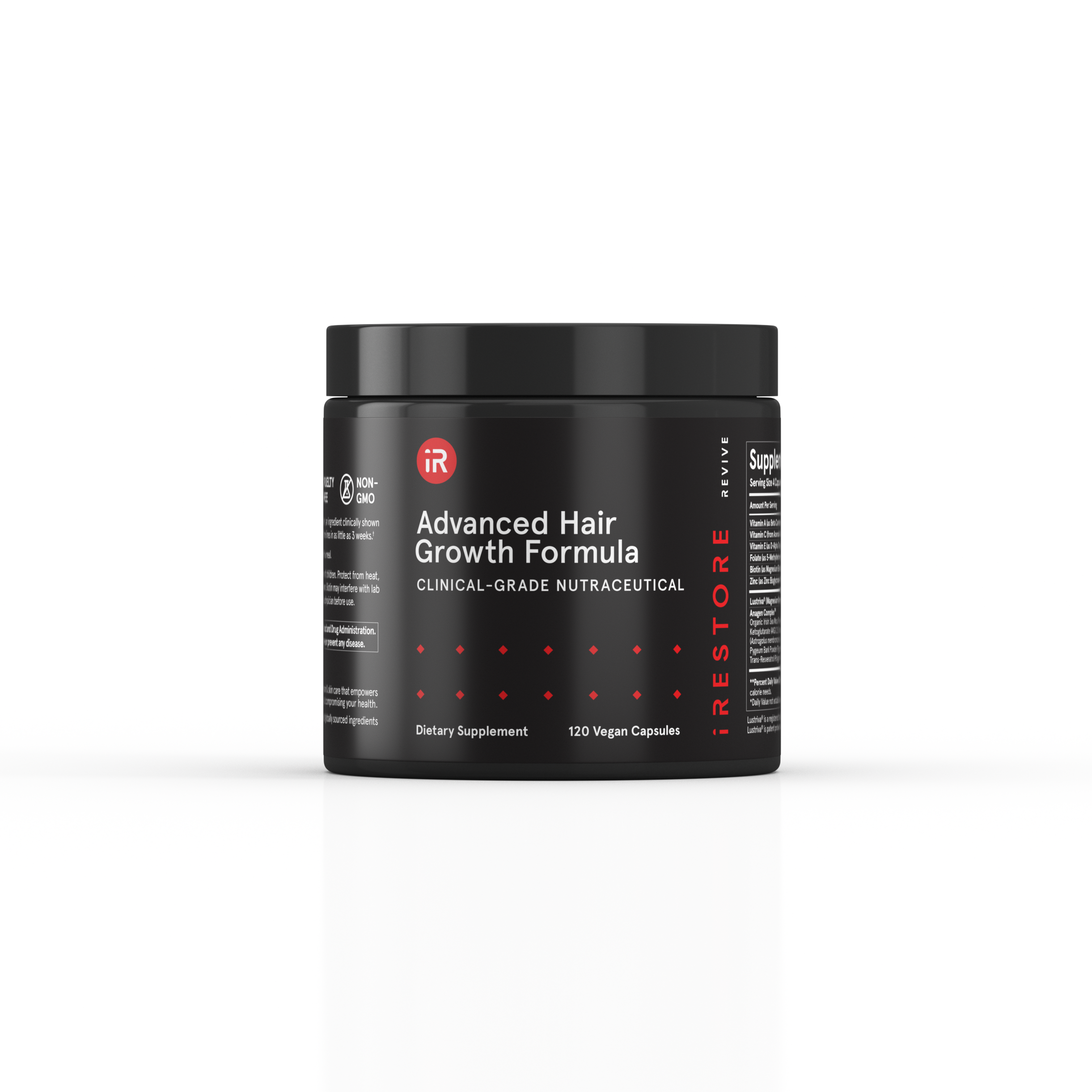 Black container labeled 'Advanced Hair Growth Formula' with 120 vegan capsules by iRestore.