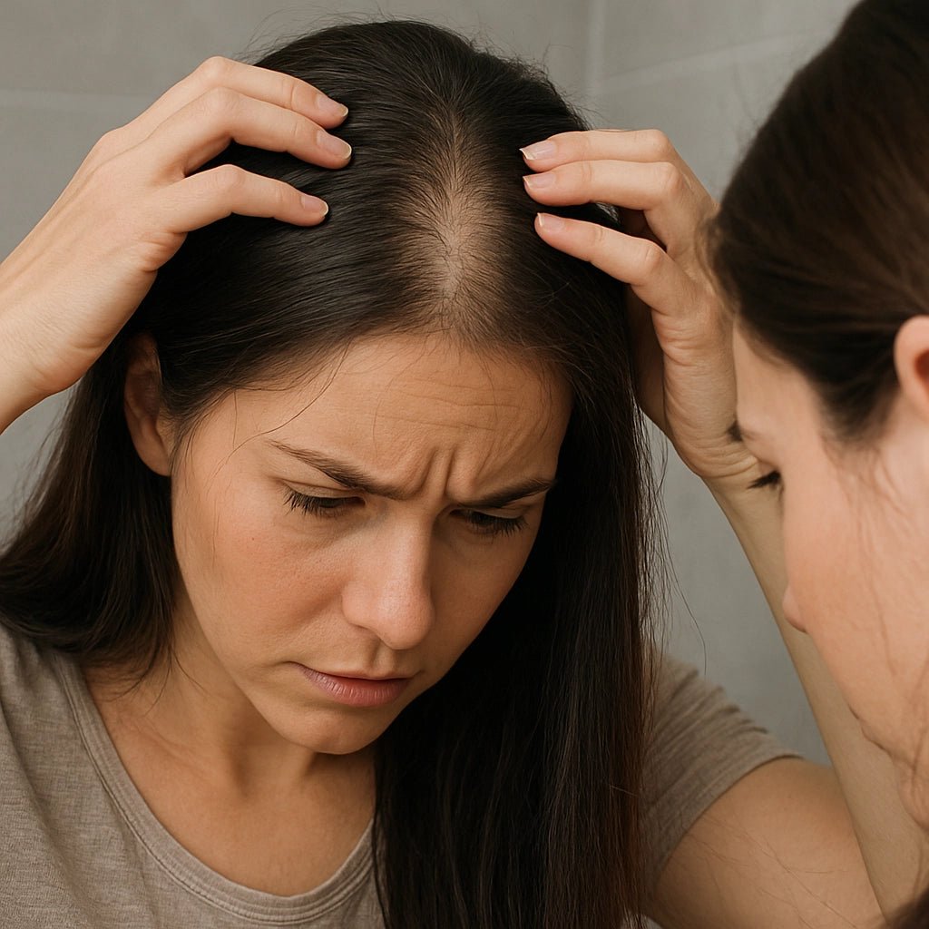 woman looking into mirror with hair thinning