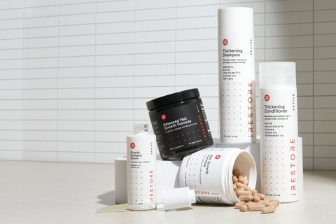 Image shows the Max Growth Kit. Includes the Thickening Shampoo and Conditioner, Growth Activator Serum and Hair Growth Formula and also the Advanced Hair Growth Formula.