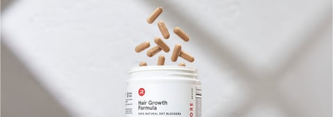 Images showcasing the jar of Hair Growth Formula with multiple supplements depicted mid-air, falling into the open jar.