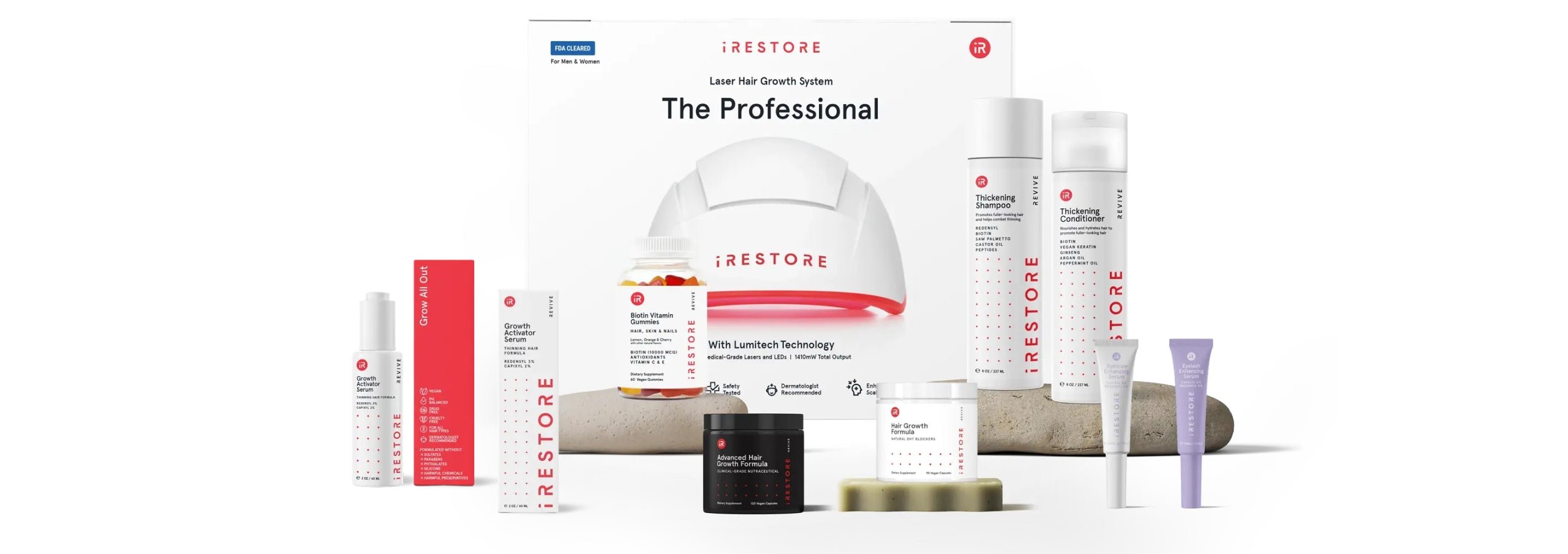 Image banner showing the products from iRESTORE. Including Professional Device, Thickening Shampoo and Conditioner, Eyebrow and Eyelash Serum, Growth Activator Serum, Hair Growth Formula and Advanced Hair Growth Formula.