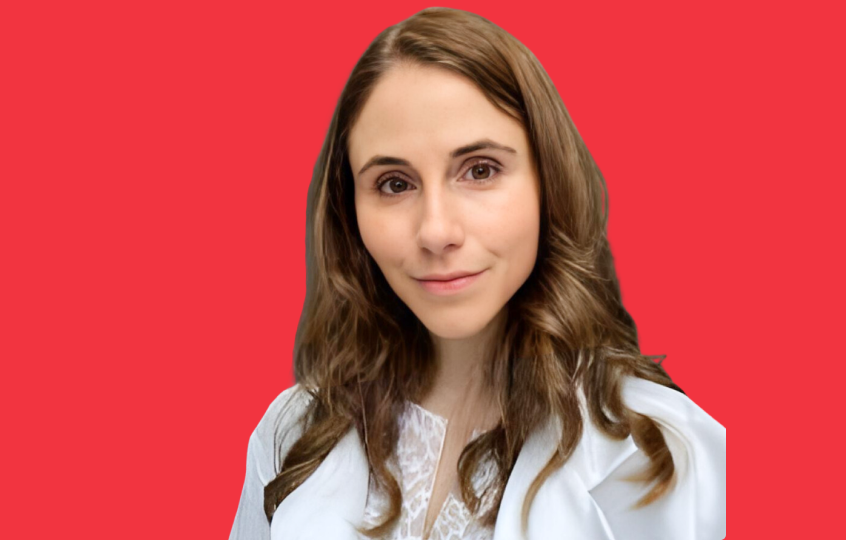 Woman with long brown hair and a white top, against a red background.