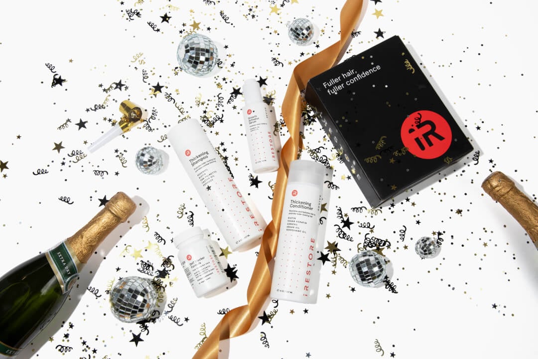 Top view image shows the REVIVE Max Growth Kit with small disco balls, gold ribbons, champagne bottles and scattered confetti around it.