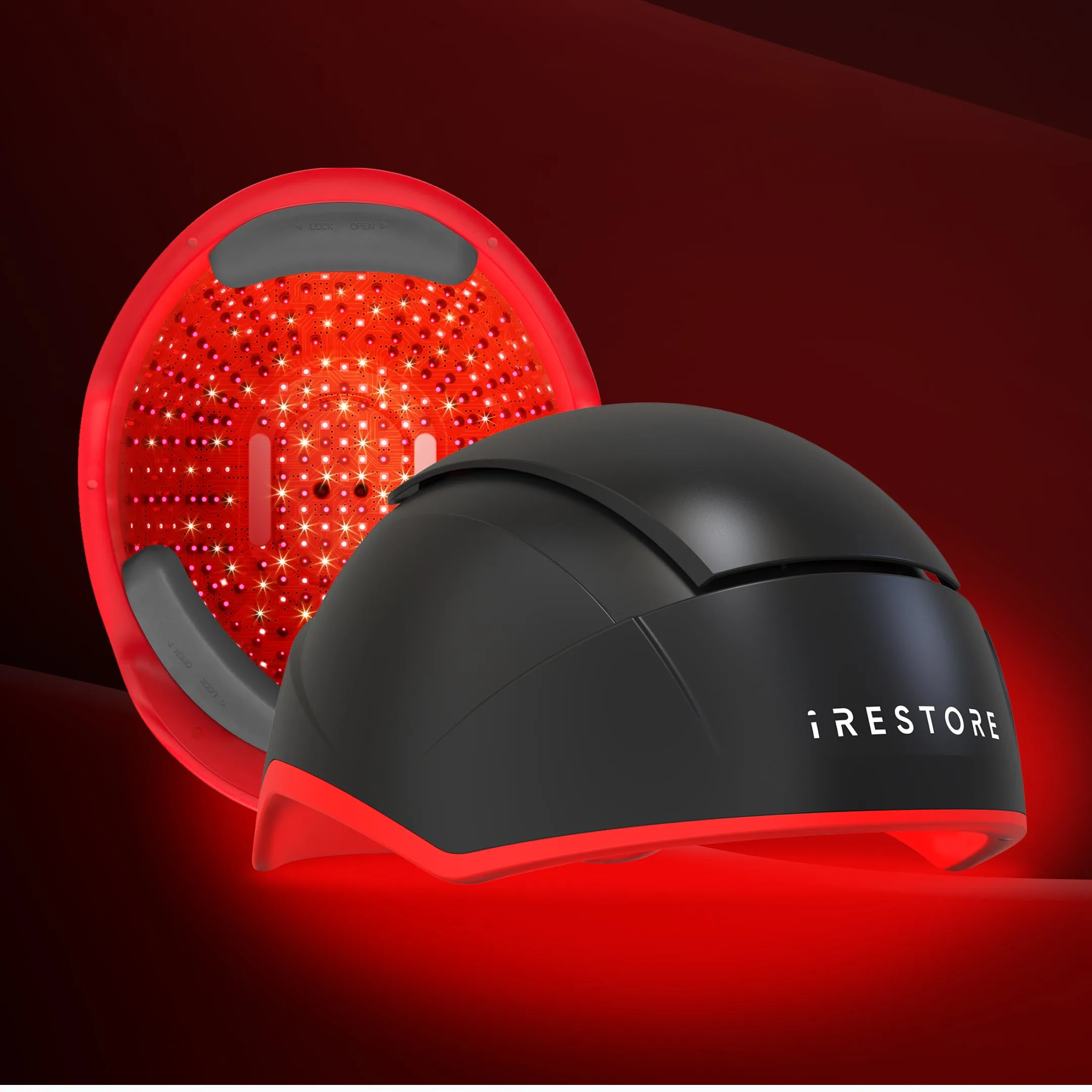 Image showing 2 irestore elite hair device. A font side view and the interior of the device
