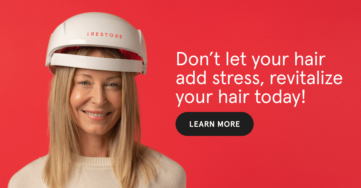 Don't let your hair add stress, revitalize your hair today! Learn More. On the background is a woman wearing the essential hair device.