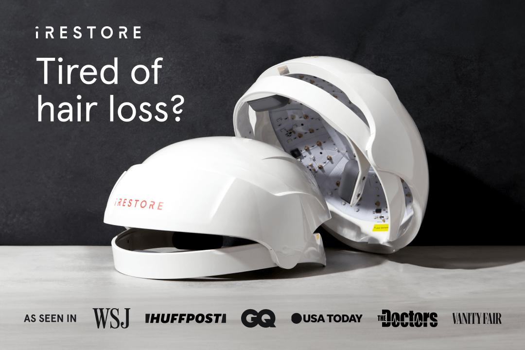 iRESTORE Tired of hair loss?  AS SEEN IN WSJ, HUFFPOST, GQ, USA TODAY, Doctors, VANITY FAIR.  On the background is the irestore essential hair device.